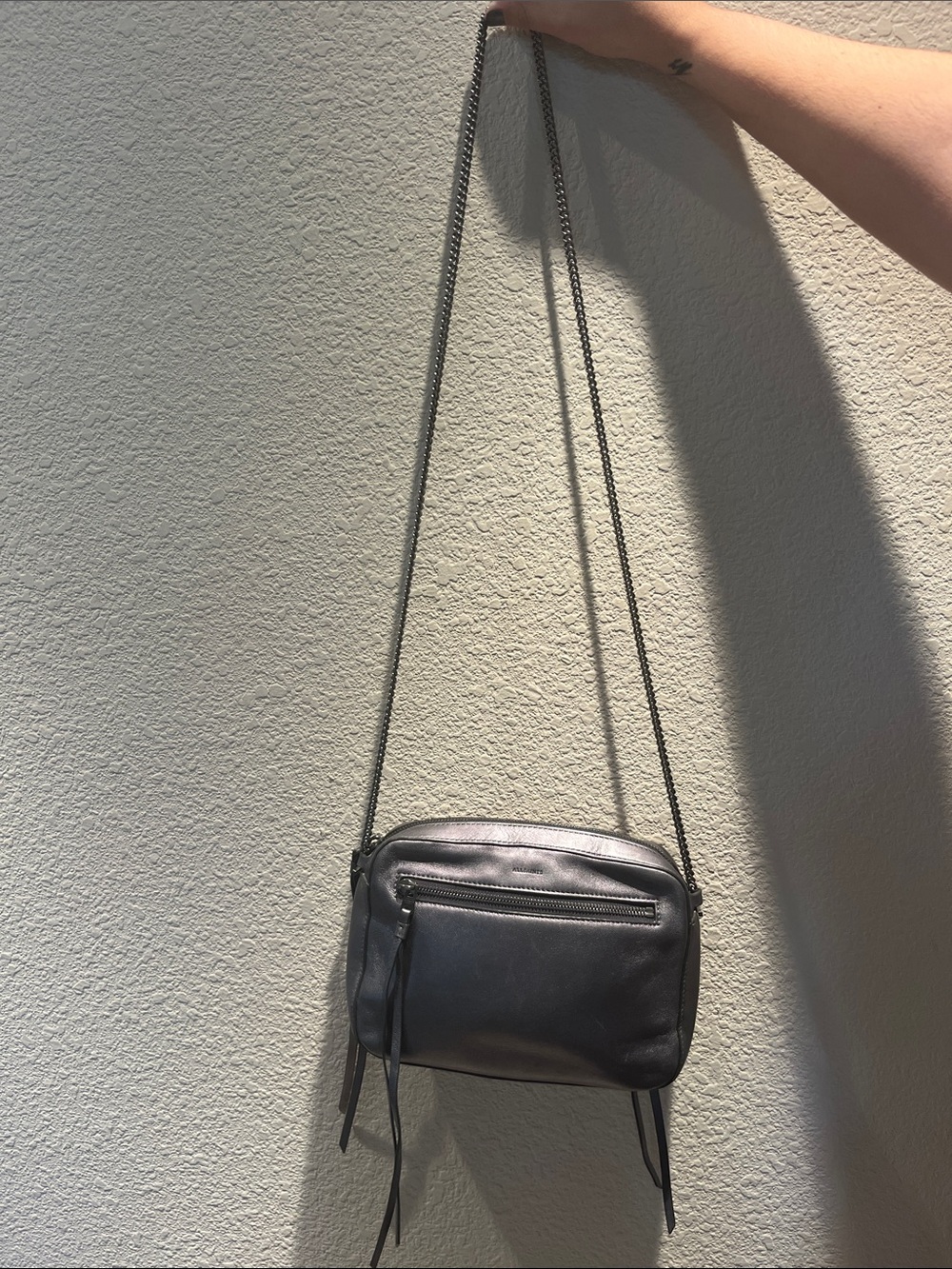AllSaints Metallic Silver Leather Crossbody with Chain Strap
